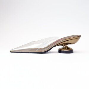 Lucasheva Italian Leather Clear Pointed Toe Mules With Gold Hourglass Heel
